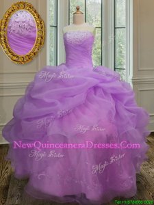 Cute Pick Ups Floor Length Lilac 15 Quinceanera Dress Strapless Sleeveless Lace Up