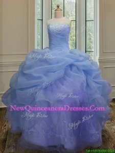 Clearance Blue Lace Up Strapless Embroidery and Pick Ups Quinceanera Gowns Organza Sleeveless