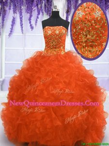 High End Strapless Sleeveless Organza Quinceanera Gowns Beading and Appliques and Ruffles Brush Train Lace Up