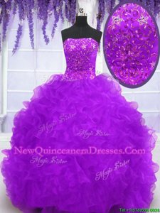 Glorious Eggplant Purple Strapless Neckline Beading and Appliques and Ruffles Ball Gown Prom Dress Sleeveless Lace Up