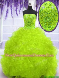 Attractive Sleeveless Organza With Brush Train Lace Up 15th Birthday Dress inYellow Green withBeading and Appliques and Ruffles