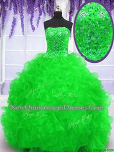 Smart Sleeveless Organza With Brush Train Lace Up Quinceanera Dress inSpring Green withBeading and Appliques and Ruffles