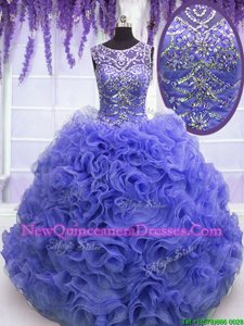 High End Scoop Purple Ball Gowns Beading and Ruffles Sweet 16 Quinceanera Dress Lace Up Organza Sleeveless Floor Length