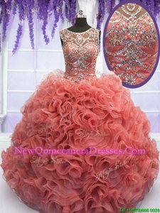 Classical Scoop Floor Length Coral Red Vestidos de Quinceanera Organza Sleeveless Spring and Summer and Fall and Winter Beading and Ruffles