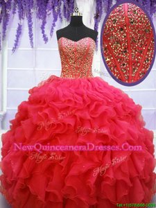 Coral Red Organza Lace Up Vestidos de Quinceanera Sleeveless Floor Length Beading and Ruffles