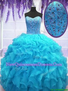 Baby Blue Sleeveless Organza Lace Up Sweet 16 Dress for Military Ball and Sweet 16 and Quinceanera