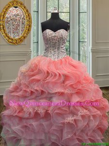 Fitting Sweetheart Sleeveless 15th Birthday Dress Floor Length Beading and Ruffles Watermelon Red and Peach Organza