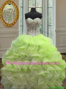 Traditional Floor Length Yellow Green Quinceanera Dress Organza Sleeveless Spring and Summer and Fall and Winter Beading and Ruffles