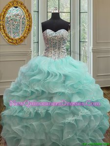 High Quality Beading and Ruffles Quince Ball Gowns Apple Green Lace Up Sleeveless Floor Length