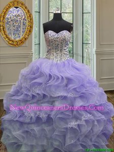 Deluxe Sleeveless Organza Floor Length Lace Up Quinceanera Dresses inLavender withBeading and Ruffles