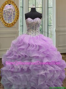 Noble Floor Length Lace Up 15th Birthday Dress Lilac and In for Military Ball and Sweet 16 and Quinceanera withBeading and Ruffles