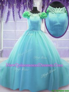 Gorgeous Scoop Blue Ball Gowns Hand Made Flower Quince Ball Gowns Lace Up Tulle Short Sleeves