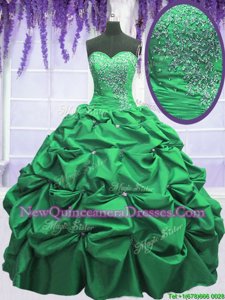 Best Green Ball Gowns Beading and Pick Ups Sweet 16 Dresses Lace Up Taffeta Sleeveless Floor Length