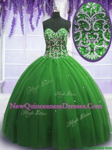 Graceful Green Tulle Lace Up Vestidos de Quinceanera Sleeveless Floor Length Beading