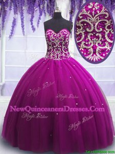 Flirting Fuchsia Sleeveless Tulle Lace Up Vestidos de Quinceanera for Military Ball and Sweet 16 and Quinceanera