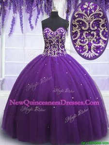 Glittering Floor Length Eggplant Purple Quince Ball Gowns Sweetheart Sleeveless Lace Up