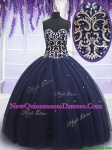 Eye-catching Navy Blue Lace Up Sweetheart Beading 15th Birthday Dress Tulle Sleeveless