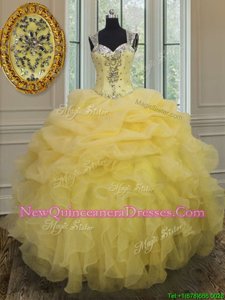 New Arrival Light Yellow Straps Neckline Beading and Ruffles Quince Ball Gowns Sleeveless Zipper