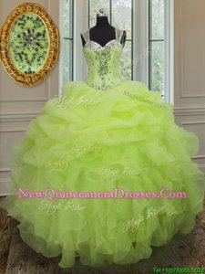 Most Popular Straps Straps Beading and Ruffles Quinceanera Dress Yellow Green Zipper Sleeveless Floor Length