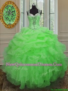 Straps Straps Sleeveless Organza Floor Length Zipper Quinceanera Gown inSpring Green withBeading and Ruffles