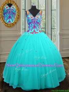 Custom Made Aqua Blue Sleeveless Tulle Zipper 15 Quinceanera Dress for Military Ball and Sweet 16 and Quinceanera