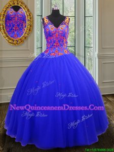 Amazing Sleeveless Tulle Floor Length Zipper 15 Quinceanera Dress inRoyal Blue withBeading and Sequins