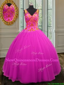 Floor Length Fuchsia Quinceanera Gowns V-neck Sleeveless Zipper