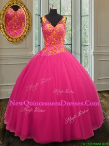 Sweet Floor Length Hot Pink Quinceanera Gowns Tulle Sleeveless Spring and Summer and Fall and Winter Beading