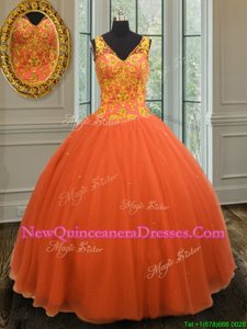 Ball Gowns Sweet 16 Dresses Orange V-neck Tulle Sleeveless Floor Length Zipper