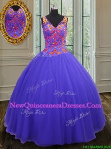 Low Price Purple Zipper V-neck Beading Quince Ball Gowns Tulle Sleeveless