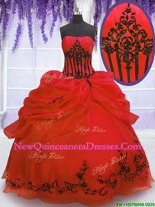 Fantastic Red Strapless Neckline Embroidery and Pick Ups Ball Gown Prom Dress Sleeveless Lace Up