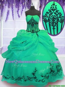 Enchanting Floor Length Lace Up Quince Ball Gowns Green and In for Military Ball and Sweet 16 and Quinceanera withEmbroidery