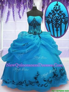 Flirting Blue Sleeveless Floor Length Embroidery Lace Up Quinceanera Dress