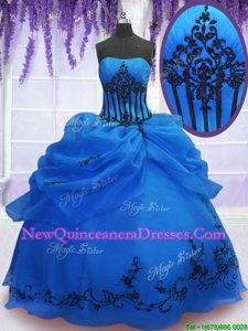 Elegant Sleeveless Floor Length Embroidery Lace Up 15th Birthday Dress with Blue