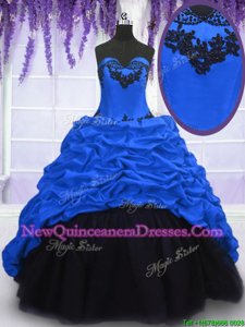 Fabulous Royal Blue Taffeta Lace Up Quinceanera Dress Sleeveless With Train Sweep Train Appliques and Pick Ups