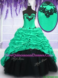 Custom Made Black and Turquoise Sleeveless Sweep Train Appliques and Ruffles and Pick Ups With Train 15 Quinceanera Dress