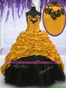 Noble Black and Gold Ball Gowns Taffeta Sweetheart Sleeveless Appliques and Pick Ups Lace Up Sweet 16 Quinceanera Dress Sweep Train