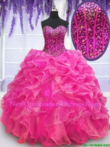 Fashionable Floor Length Hot Pink Ball Gown Prom Dress Organza Sleeveless Spring and Summer and Fall and Winter Beading and Ruffles