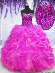 Most Popular Floor Length Fuchsia Ball Gown Prom Dress Organza Sleeveless Spring and Summer and Fall and Winter Beading and Ruffles