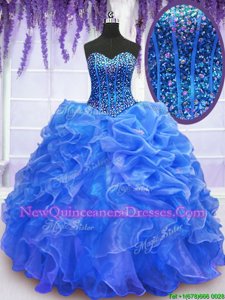 Sexy Blue Organza Lace Up Vestidos de Quinceanera Sleeveless Floor Length Beading and Ruffles