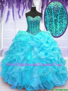 Discount Aqua Blue Sweetheart Lace Up Beading and Ruffles and Pick Ups Quinceanera Dress Sleeveless