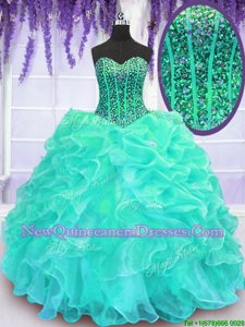 Shining Turquoise Sweetheart Neckline Beading and Ruffles Sweet 16 Dress Sleeveless Lace Up