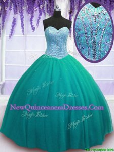 Custom Made Turquoise Sleeveless Floor Length Beading Lace Up 15 Quinceanera Dress