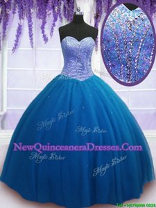 Luxurious Floor Length Teal 15th Birthday Dress Tulle Sleeveless Spring and Summer and Fall and Winter Beading