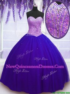 Latest Purple Quince Ball Gowns Military Ball and Sweet 16 and Quinceanera and For withBeading Sweetheart Sleeveless Lace Up