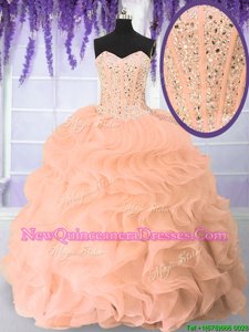 Sleeveless Organza Floor Length Lace Up Sweet 16 Dresses inOrange withBeading and Ruffles