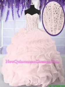 Stunning Pink Ball Gowns Beading and Ruffles Vestidos de Quinceanera Lace Up Organza Sleeveless Floor Length