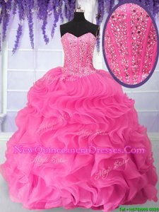 Pretty Hot Pink Sleeveless Floor Length Beading and Ruffles Lace Up Ball Gown Prom Dress