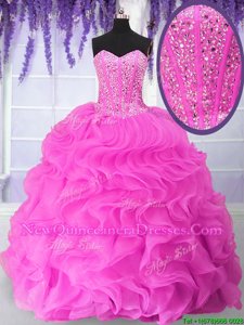 Graceful Sleeveless Floor Length Beading and Ruffles Lace Up Quinceanera Gown with Fuchsia