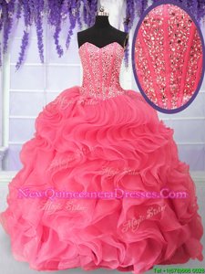 Fitting Watermelon Red Ball Gowns Beading and Ruffles Quinceanera Dress Lace Up Organza Sleeveless Floor Length